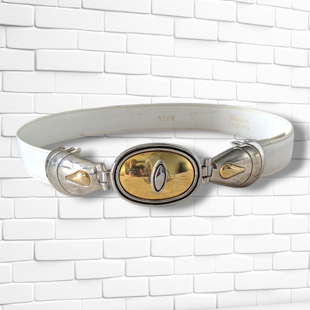 Vintage 80s White Leather Belt Silver & Gold Buckle Waist Accent Size Small